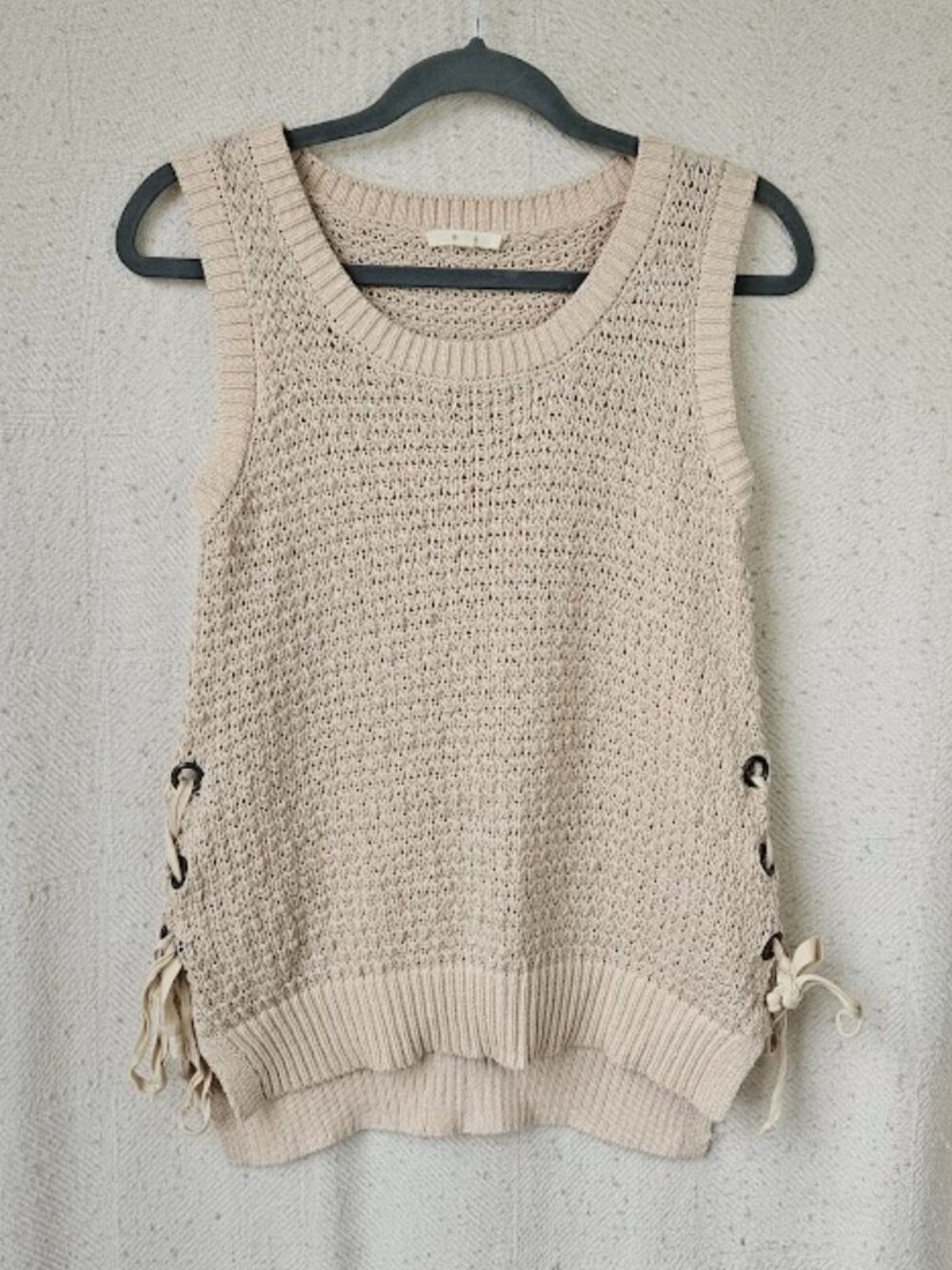 Easel Coastal Sweater Vest Knit Ivory Lace-Up Tank Top Bohemian Boho Cottaegcore